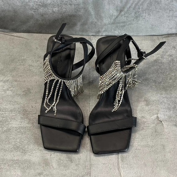 Open Edit Women's Black Annalise Fringe Rhinestone Faux-Leather Sandals SZ 5.5 - Picture 4 of 11